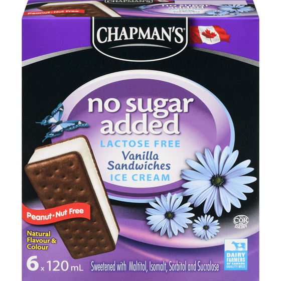 Chapmans No Sugar Added Lactose Free Ice Cream Sandwiches Vanilla 6x120.0 ml, $1.25/100ml