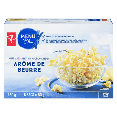 PC Menu Bleu Maïs à éclater au micro-ondes à arôme de beurre 6x80.0 g, 0,94 $/100g