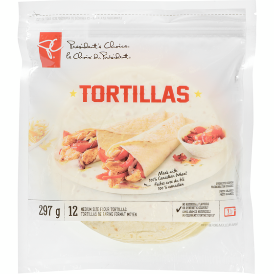le Choix du Président Tortillas de farine, format moyen 297 g, 1,11 $/100g