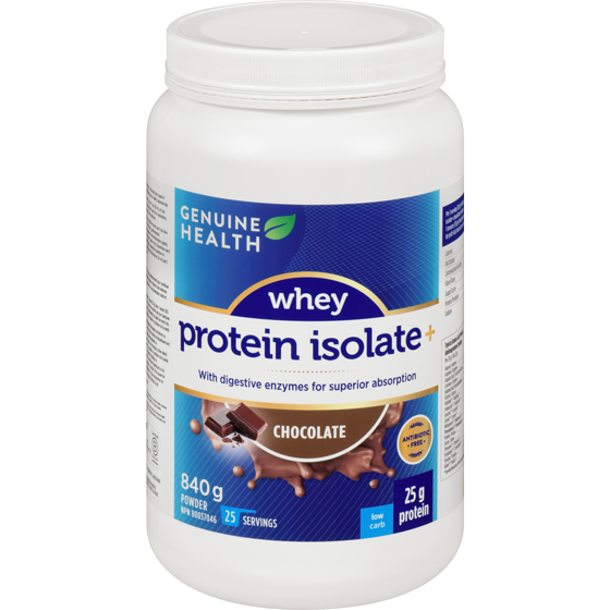 Genuine Health Whey Proteins+, Natural Chocolate Protein Powder 840 g, $7.50/100g