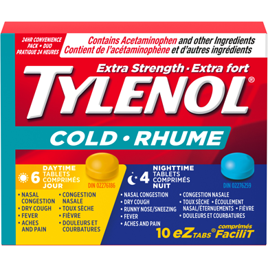 Tylenol Extra fort Rhume Jour/Nuit, acétaminophène à 500 mg, comprimés FaciliT 10 ea, 0,60 $/1ch