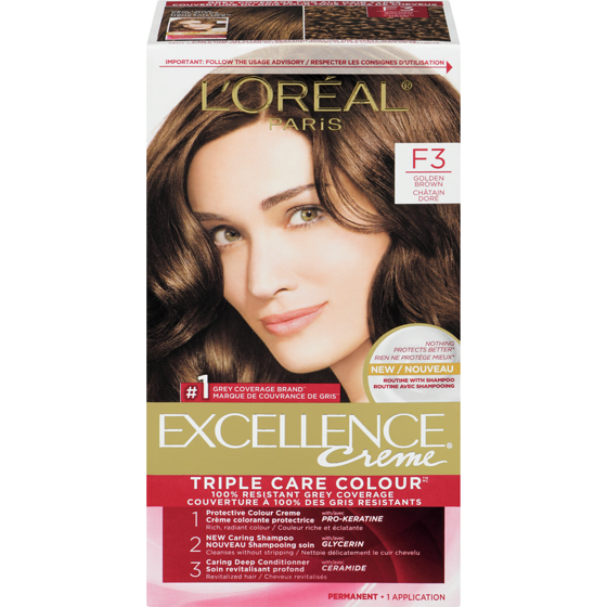 L'Oreal Paris Excellence Crème Hair Dye, Permanent Hair Color F3 Golden Brown 1 ea, $16.99/1ea