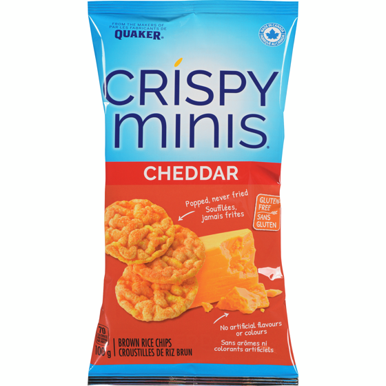Quaker Crispy Minis Cheddar flavour brown rice chips 100 g, $3.25/100g