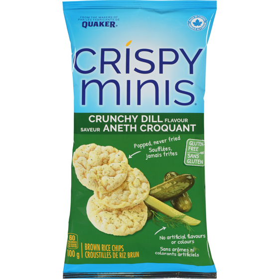 Quaker Crispy Minis Crunchy Dill flavour brown rice chips 100 g, $3.25/100g
