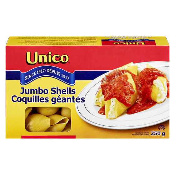 Unico Jumbo Shells 250 g, $1.40/100g