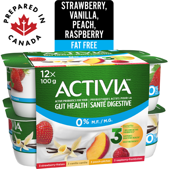 Activia Probiotic Yogurt, Fat Free, Vanilla/Strawberry/Peach/Raspberry 12x100.0 g, $0.50/100g