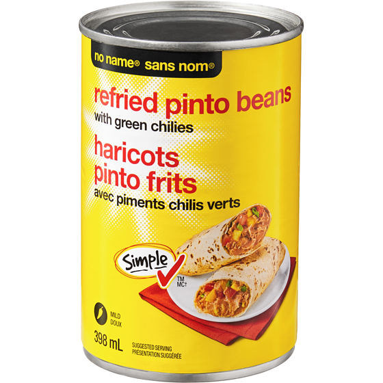 No Name Refried Pinto Beans With Green Chilies 398 ml, $0.83/100ml