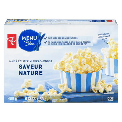 PC Menu Bleu Maïs à éclater au micro-ondes, saveur nature 6x80.0 g, 0,94 $/100g