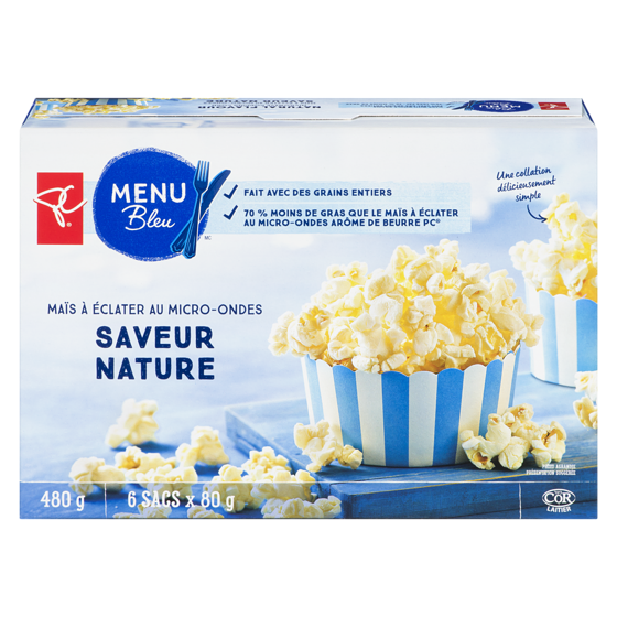 PC Menu Bleu Maïs à éclater au micro-ondes, saveur nature 6x80.0 g, 0,94 $/100g