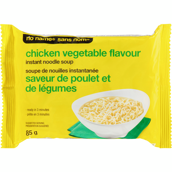 Sans Nom Soupe aux nouilles instantanée à saveur de poulet et de légumes 85 g, 0,46 $/100g