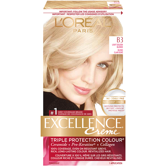 L'Oreal Paris Excellence Crème Hair Dye, Permanent Hair Color B3 Light Golden Blonde 1 ea, $17.49/1ea
