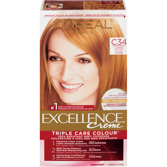L'Oreal Paris Excellence Crème Hair Dye, Permanent Hair Color C34 Copper Blonde 1 ea, $15.99/1ea