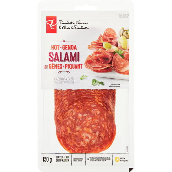 President's Choice Thinly Sliced Hot Genoa Salami 150 g, $53.27/1kg $5.33/100g