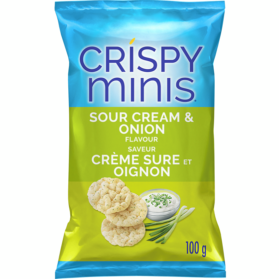 Quaker Crispy Minis Sour Cream & Onion flavour brown rice chips 100 g, $3.25/100g