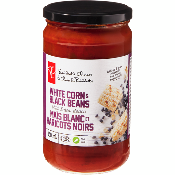 le Choix du Président Salsa douce au maïs blanc et haricots noirs 650 ml, 0,89 $/100ml