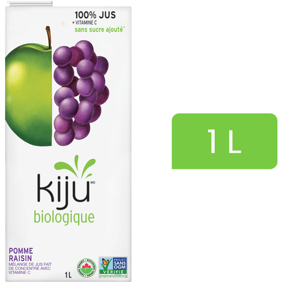 Kiju Mélange de jus de fruits pomme et raisin biologique 1 l, 0,35 $/100ml