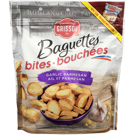Grissol Boulangerie Grissol Bouchées de Baguettes Ail et parmesan 130 g, 3,45 $/100g