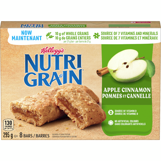 Kellogg’s Nutrigrain Barres de céréales Nutri-Grain Pommes et cannelle, 8 barres 295 g, 1,35 $/100g