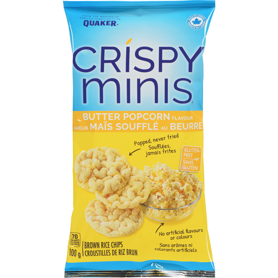 Quaker Crispy Minis Butter Popcorn flavour brown rice chips 100 g, $3.19/100g