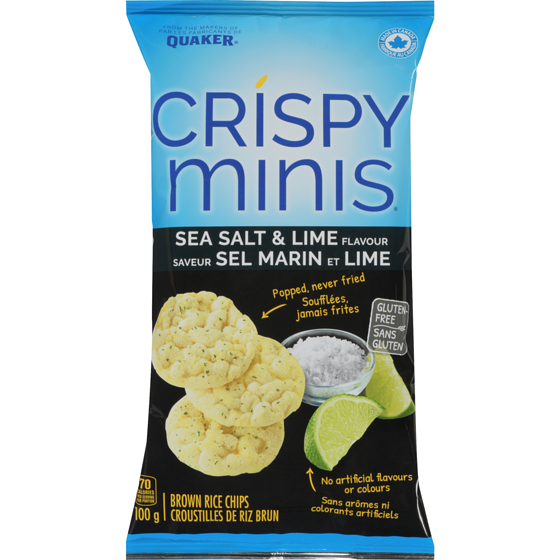 Quaker Crispy Minis Sea Salt & Lime flavour brown rice chips 100 g, $3.25/100g