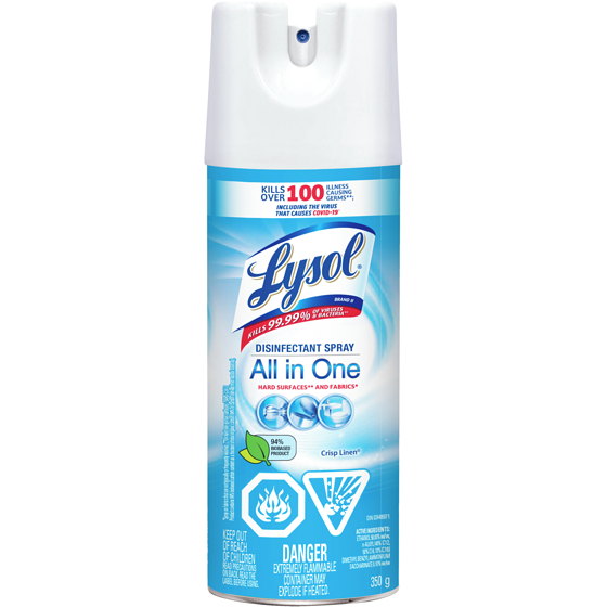 Lysol Disinfectant Spray, Crisp Linen, Disinfect and Eliminate Odours on Hard Surfaces & Fabrics 350 g, $1.86/100g