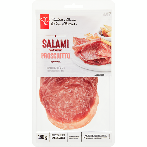 le Choix du Président Salami tranché mince avec prosciutto 150 g, 56,60 $/1kg 5,66 $/100g