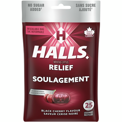 Halls Mentho-Lyptus Cerise noire sans sucre ajouté, sac de 25 pastilles 25 ea, 0,18 $/1ch