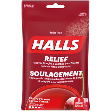 Halls à saveur de cerise, soulagement du mal de gorge, mentho-lyptus, 30 pastilles 30 ea, 0,15 $/1ch
