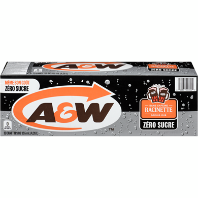 A&W Zéro sucre Root Beer Fameuse 12 Canettes 12x355.0 ml, 0,21 $/100ml