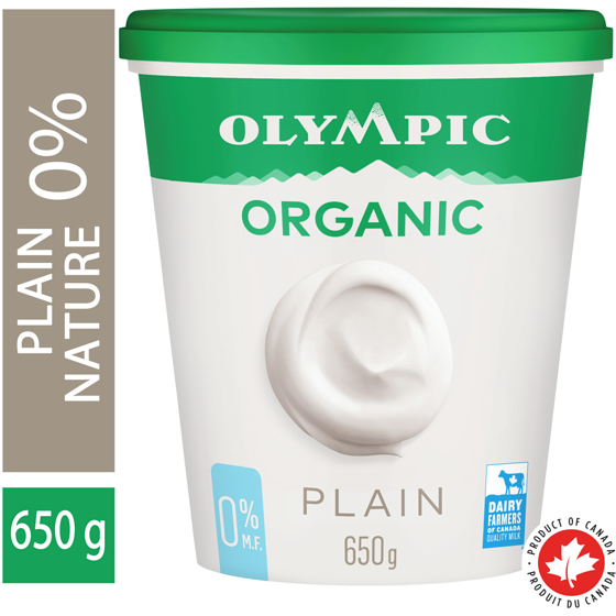 Olympic Organic Plain Yogurt 0% 650 g, $1.00/100g