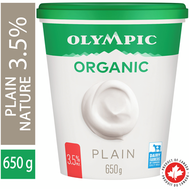 Olympic Organic Plain Yogurt 3.5% 650 g, $1.15/100g