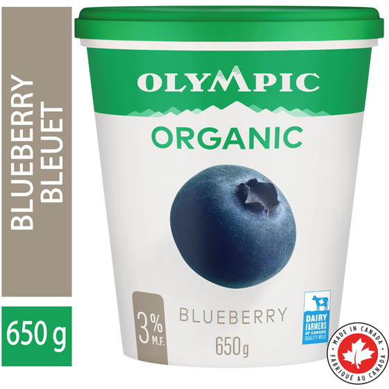 Olympic Organic Blueberry Yogurt 3% 650 g, $1.08/100g