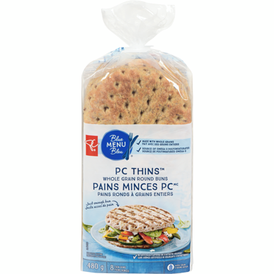 PC Blue Menu White Whole Grain Thin Buns 8x60.0 g, $1.00/100g