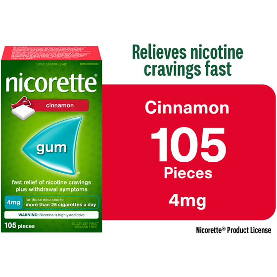 Nicorette Nicotine Gum, Quit Smoking Aid and Smoking Cessation Aid, Cinnamon Flavour 105 ea, $0.43/1ea