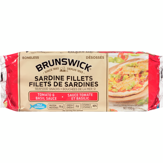 Brunswick Sardine Seafood Snacks, Tomato & Basil Sauce 100 g, $2.79/100g