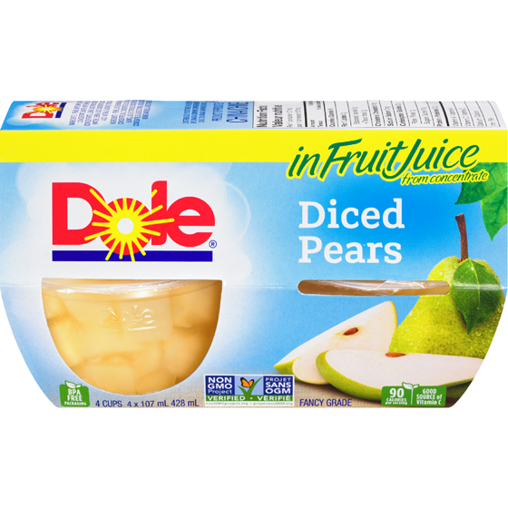 Dole Fruit Bowls Pears, Diced 4x107.0 ml, $1.00/100ml