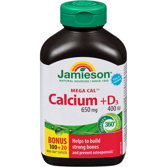 Jamieson Mega Cal Calcium + Vitamin D3 400 IU Caplets, 650 mg 120 ea, $0.06/1ea