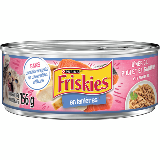 Purina (MD) Friskies(MD) en Lanières Dîner de Poulet et Saumon Nourriture pour Chats Boite  156 g, 0,58 $/100g