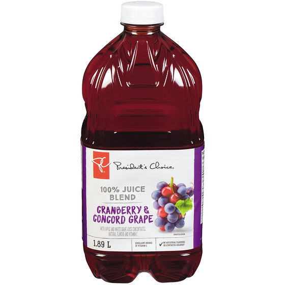 President's Choice 100% Cranberry & Concord Grape Juice Blend  1.89 l, $0.25/100ml