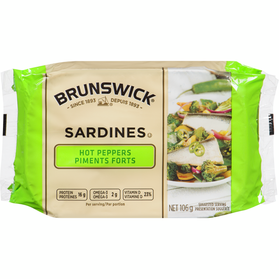Brunswick Sardines, Hot Peppers 106 g, $2.25/100g