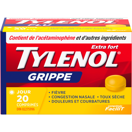 Tylenol Extra fort, Grippe, Jour, acétaminophène 20 ea, 0,50 $/1ch