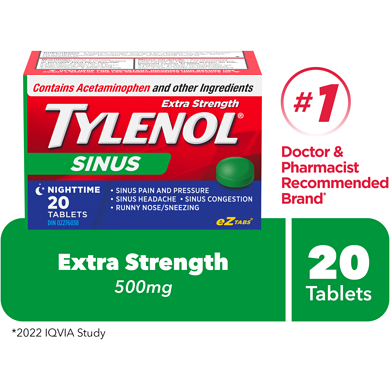 Tylenol Extra Strength Sinus Relief Night EZTabs, Acetaminophen 20 ea, $0.47/1ea
