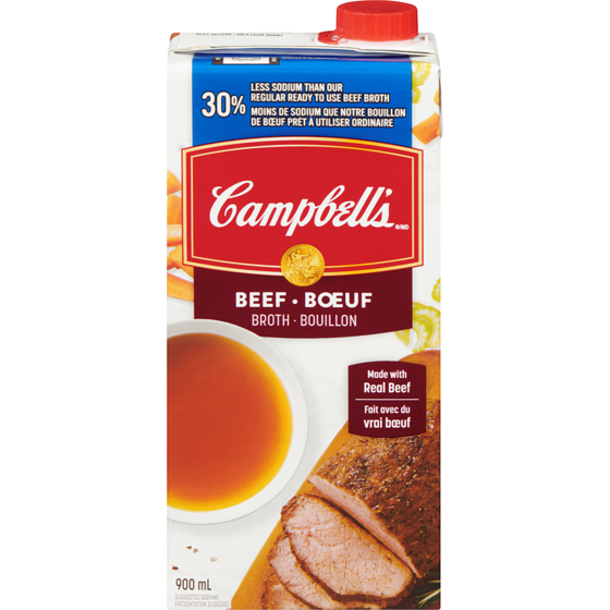 Campbell's 30% Less Sodium Beef Broth 900 ml, $0.28/100ml