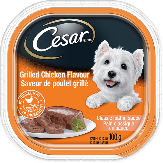 Cesar Nourriture humide pour chiens – pain classique en sauce saveur de poulet grillé, barquette 100 g, 1,99 $/100g