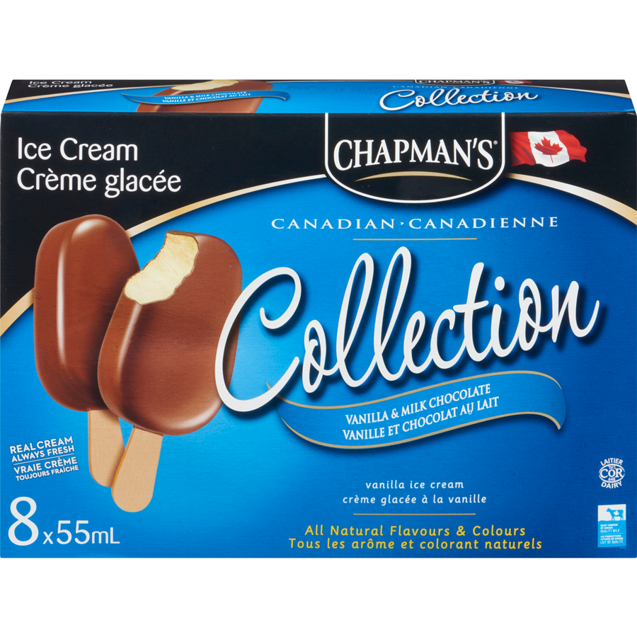 Calories in Chapmans Premuim Canadian Collection Creamy Milk Chocolate and Vanilla Bars