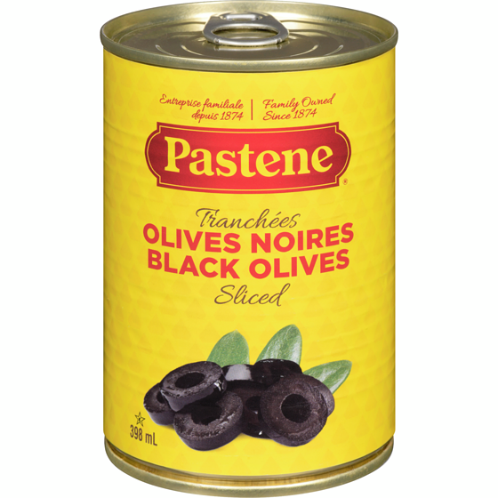 Pastene Sliced Black Olives     398 ml, $0.95/100ml
