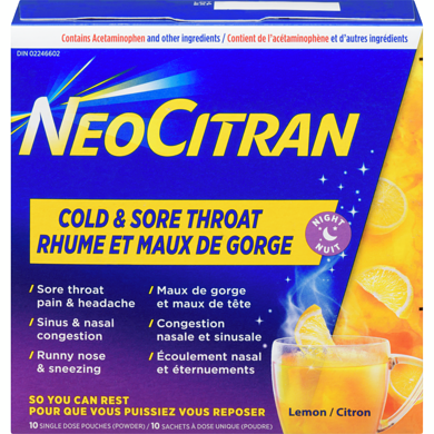 NeoCitran Cold & Sore Throat For Nighttime Relief, Lemon, 10 Count 10 ea, $1.45/1ea