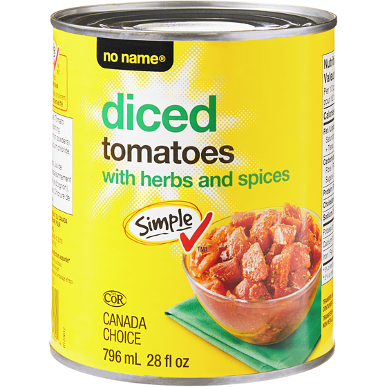 No Name Diced Tomatoes with Herbs and Spices  796 ml, $0.25/100ml