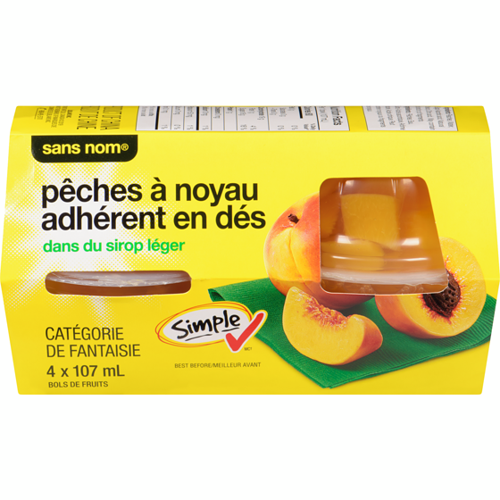 Sans Nom Coupes de fruits aux pêches à noyau adhérent en dés dans un sirop léger 4x107.0 ml, 0,77 $/100ml