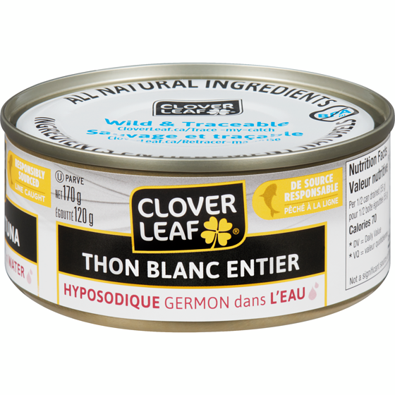 Clover Leaf Thon germon blanc entier faible en sel dans l’eau 170 g, 2,35 $/100g